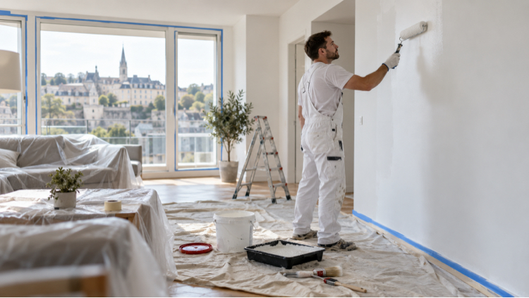 Devis de peinture, nuancier et rouleau pos&eacute;s sur une table